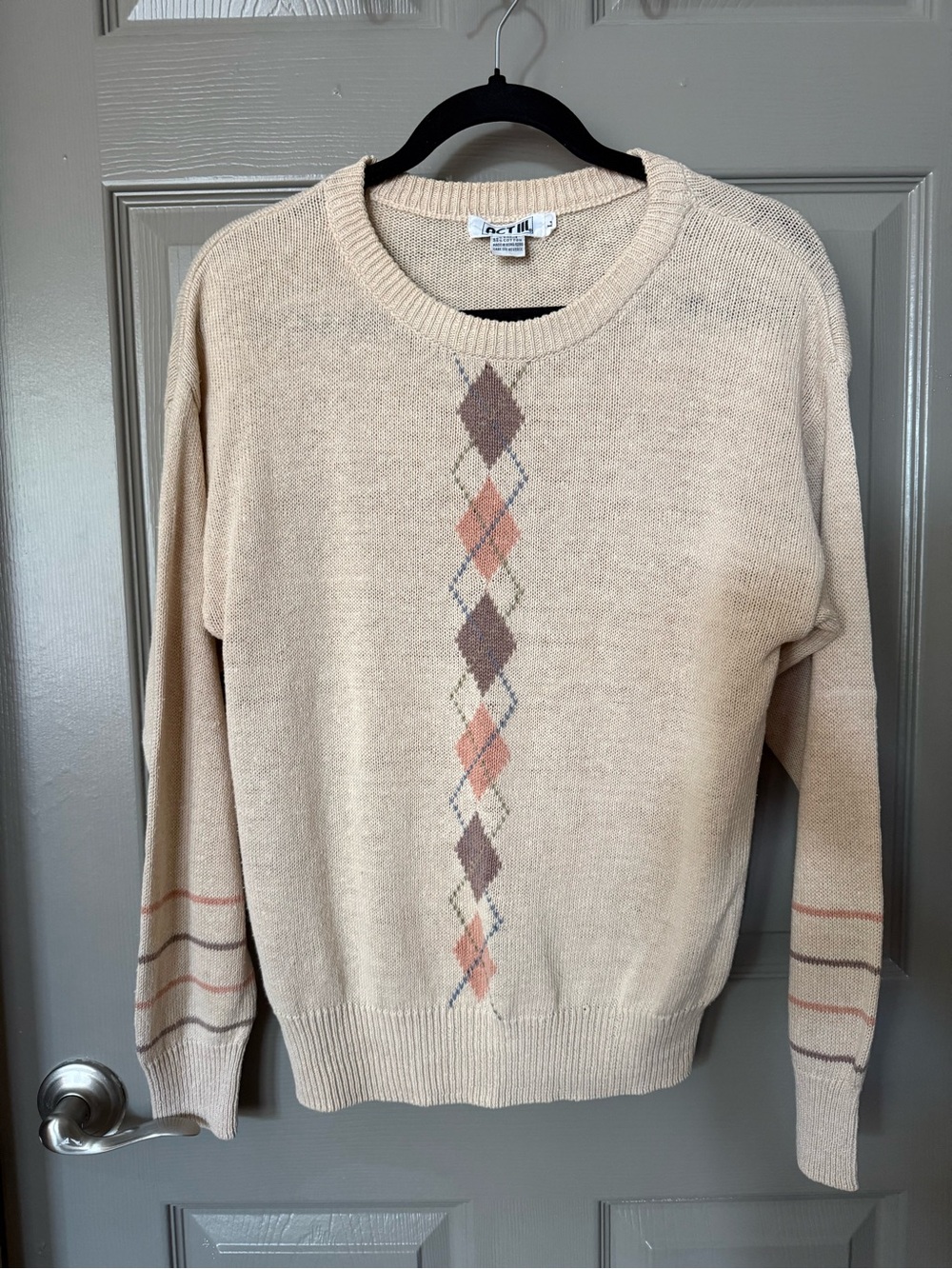 Vintage 80s ACT III Ramie Cotton Argyle Sweater Size L Cottagecore Preppy